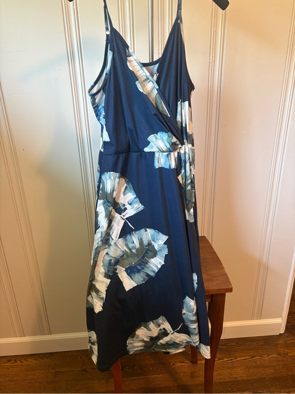 Navy Blue Floral Wrap Midi Dress with Tropical Leaf Print